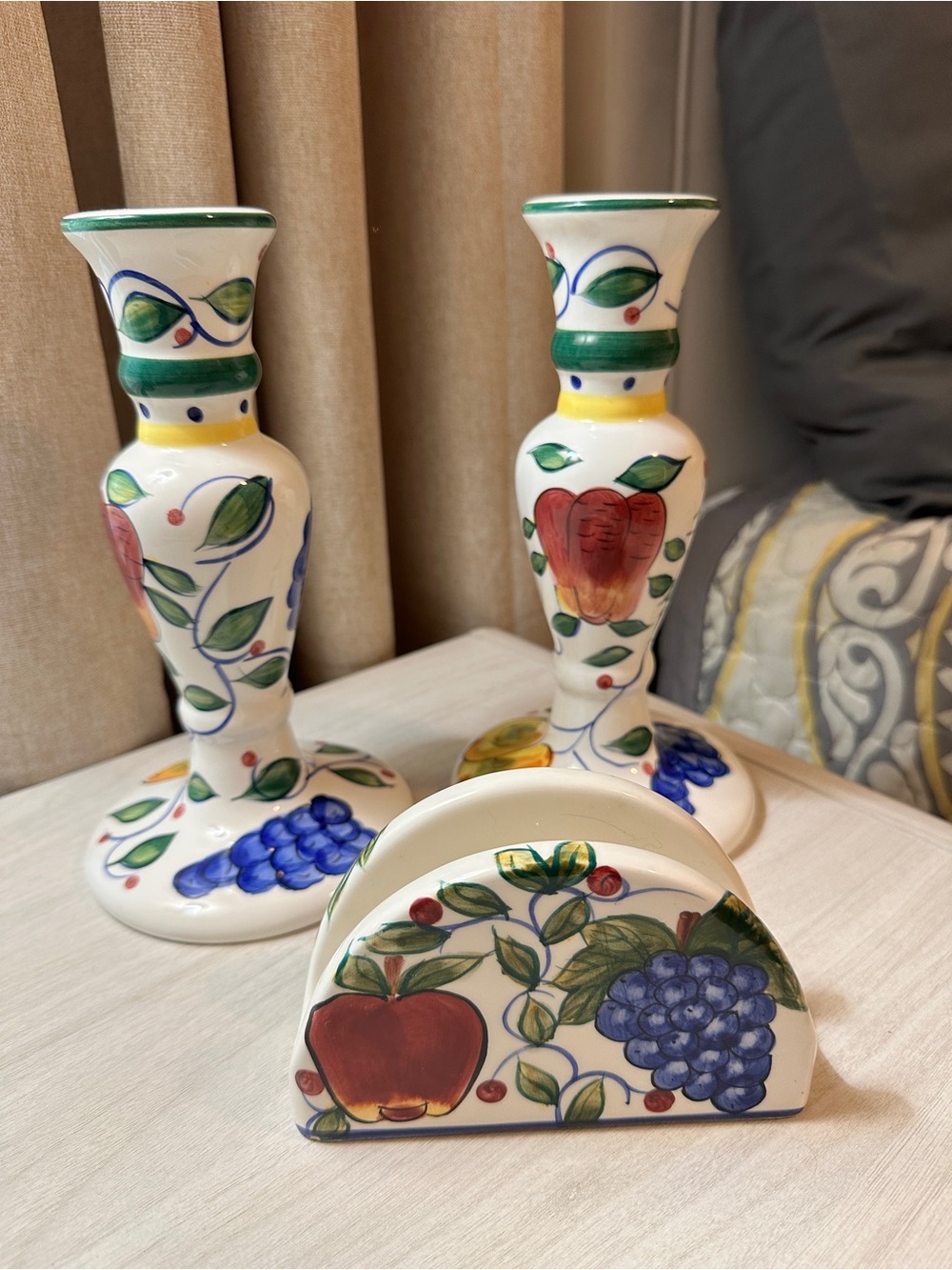 Vintage Fruit Ceramic Candlestick & Napkin Holder Set Grapes Pears Apples 3 Pc